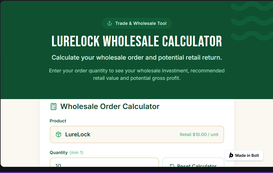 Screenshot of Lurelock Wholesale Calculator